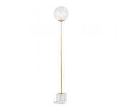 Rio floor lamp with one single brass rod and glass orb on top standing on an acrylic base from Regina Andrew Design