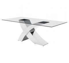 Wave Dining Table with a glass top and a steel X designed base from Zuo Modern