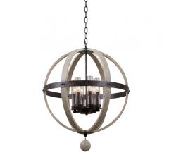 Harper open, sphere-shaped Indoor/Outdoor Pendant with a wooden frame and an iron band around the middle from Kalco Lighting