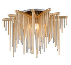 Theory Semi-Flush Mount with brass and clear rods hanging down in a star-like shape from Corbett Lighting