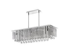 Jacqueline Chandelier in Chrome with glass and clear beads hanging down from the rectangular base from Dainolite