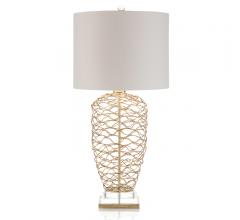 Woven Brass Table Lamp with an off-white linen shade and acrylic base from John-Richard