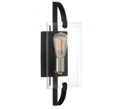Vessel Wall Sconce with clear, rectangular glass in front of bulb with black backplate and arms from Quoizel