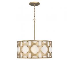 Carter drum-shaped pendant with gold metal cage surrounding the drum from Hinkley Lighting