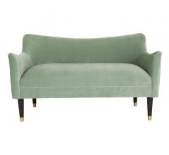 Alexander Mint Green settee with brass caps on the wood legs from Norwalk Furniture