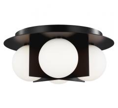 Orbel black flush mount with four lights surrounded by frosted glass orbs from Tech Lighting