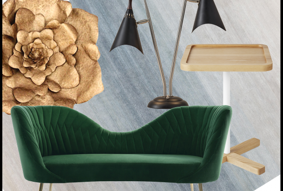 Idea Board collage featuring sofa, rug, side table, lamp and decorative accessory. 