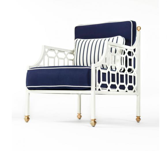 Cushion Lounge Chair in blue fabric with a white frame and brass accents from Castelle