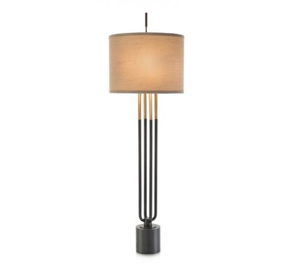 Matte Black candlestick lamp with four columns and a linen shade from John-Richard