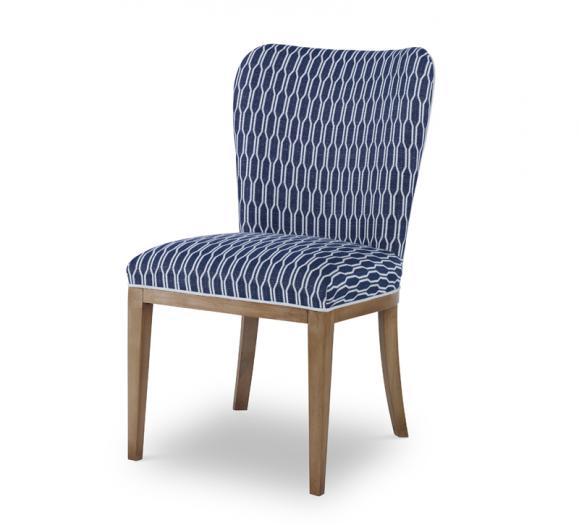 McKenna Side Chair with a navy and white pattern seat and back with brown legs from Chaddock