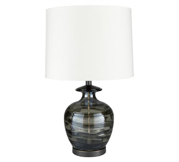 Vickers Table Lamp with a green glass base and a linen shade from Surya
