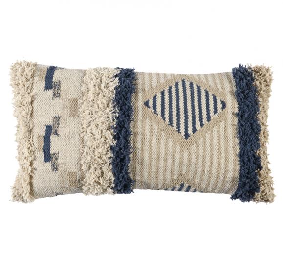 Aerin Pillow in blue, white and beige with fuzzy texture on the ends and middle from Classic Home