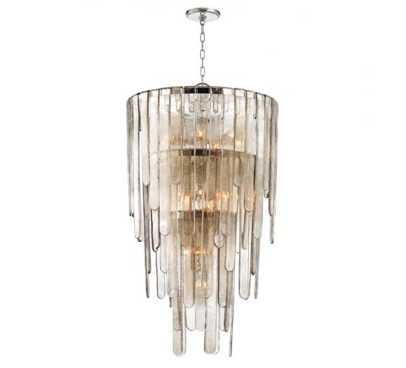 Fenwater Pendant with four circular tiers of lights and dripping glass from each tier from Hudson Valley Lighting