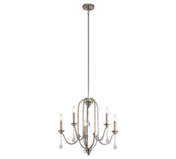 Karlee five-light Chandelier with glass droplets from each arm in Chrome from Kichler Lighting