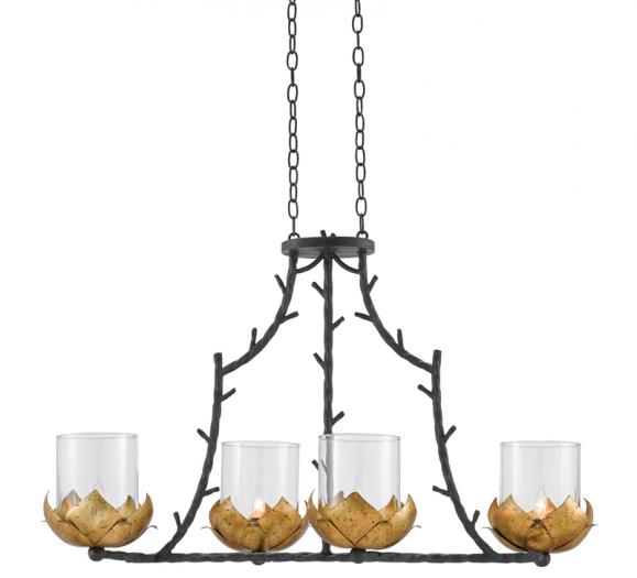 Water-Lily Rectangular Chandelier with branch-like arms and gold-finished leafs surrounding the four lights from Currey & Co.