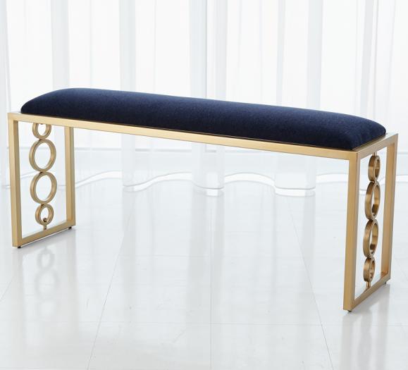 Progressive Ring Bench with gold legs and a navy blue upholstery from Global Views