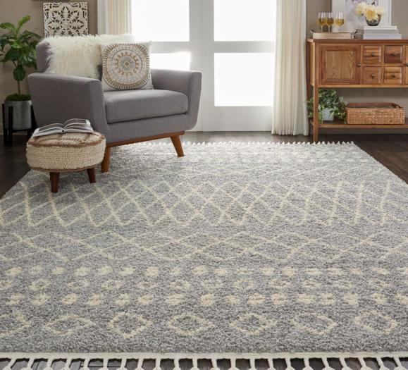 Nourison Moroccan gray and white shag rug in living room