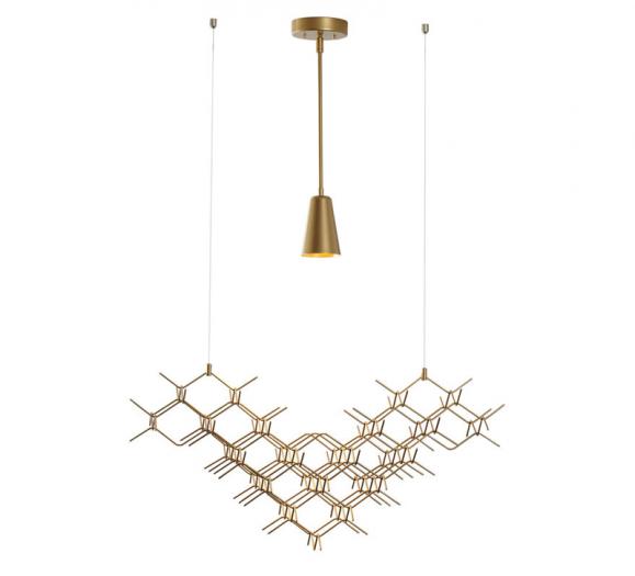Hive Pendant made of gold finished honeycombs with one LED light above from Vermont Modern