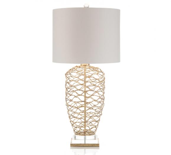 Woven Brass Table Lamp with an off-white linen shade and acrylic base from John-Richard