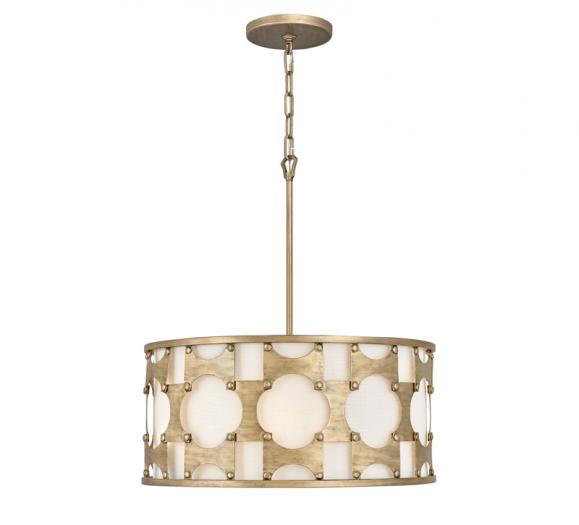 Carter drum-shaped pendant with gold metal cage surrounding the drum from Hinkley Lighting
