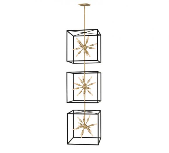 Aros Three Tiered caged pendant with sputnik-styled centers in each black-finished cage from Hinkley Lighting