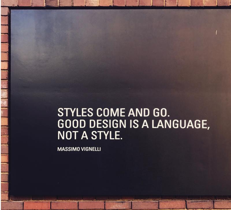 A quote by Italian designer Massimo Vignelli bedecks a busy corner in Chicago’s River North Arts District. Photo by Kate Bauer.