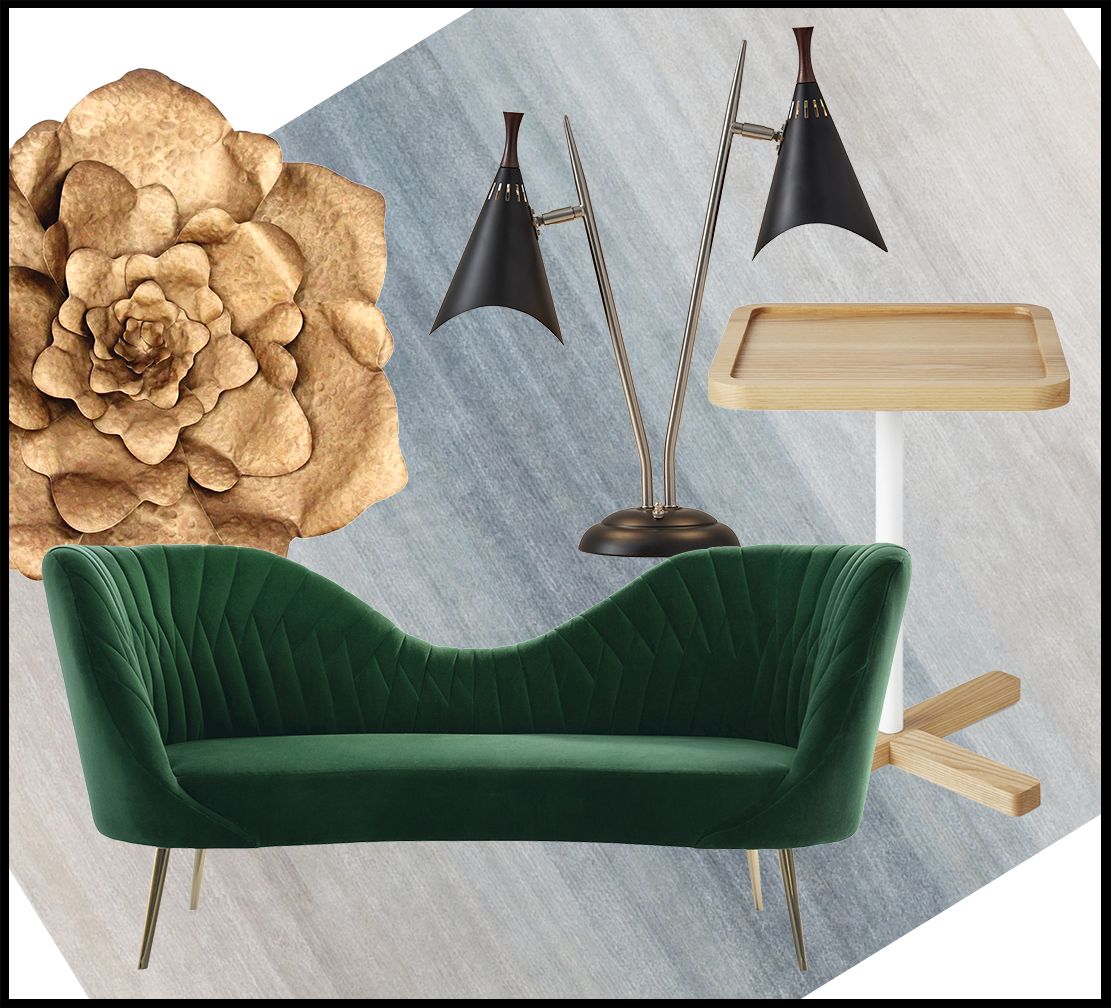 Idea Board collage featuring sofa, rug, side table, lamp and decorative accessory. 