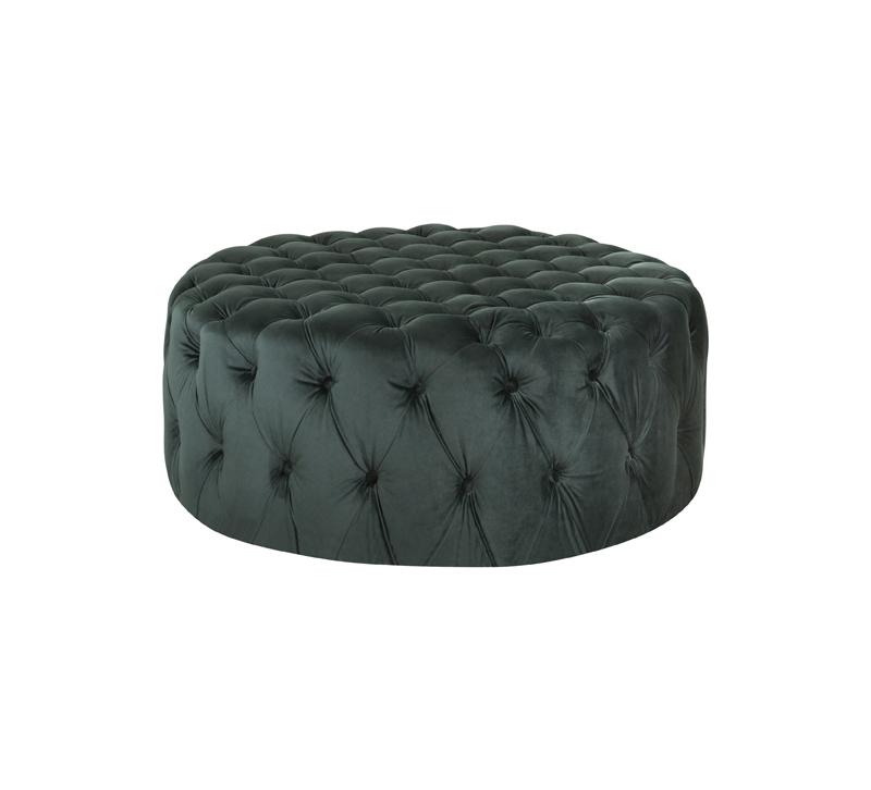 Corinne tufted round ottoman in a velvet emerald fabric from Abbyson Living
