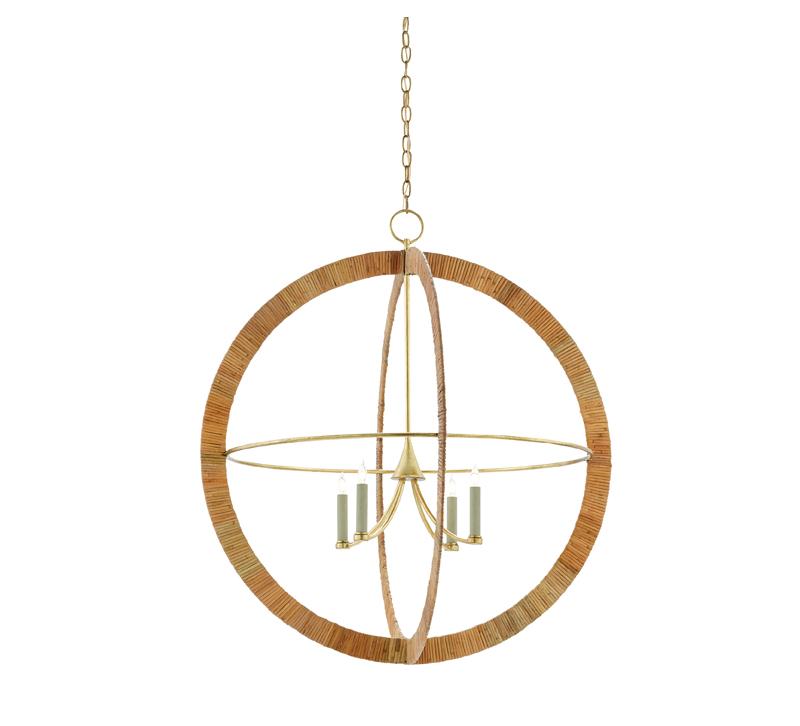 Creole chandelier in a sphere-shaped wrought iron frame wrapped in Arurog cane from Currey & Company 