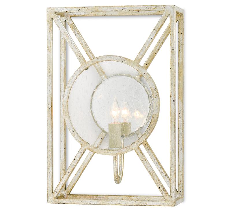 Beckmore Wall Sconce with distressed bars in a rectangle shape with a small light bulb in the center from Currey & Co.