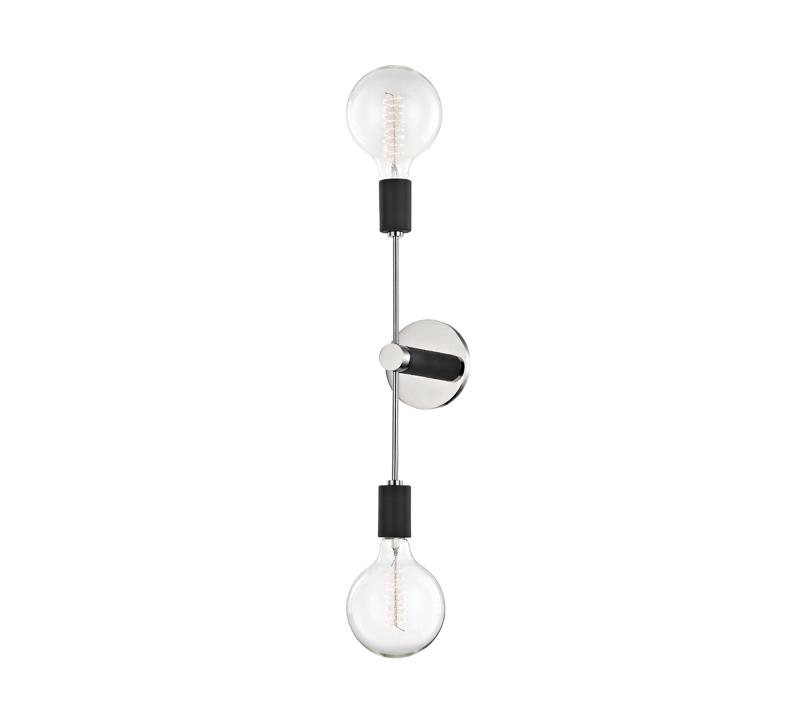 Astrid wall sconce with one chrome band with a light bulb on each end from Hudson Valley Lighting's Mitzi Collection