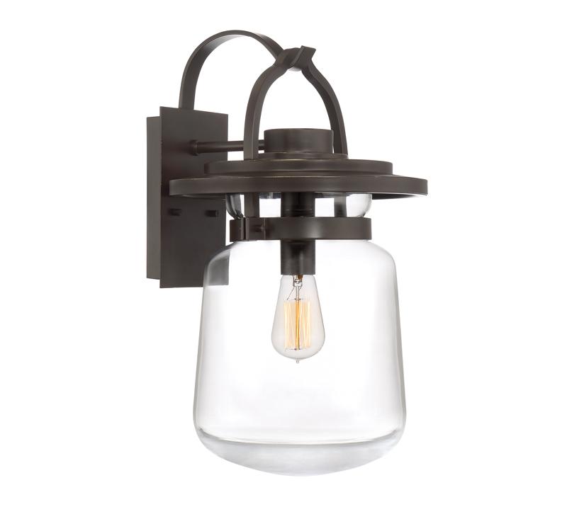 LaSalle outdoor lantern with a curved arm in Western Bronze and a glass bowl surrounding the light bulb from Quoizel
