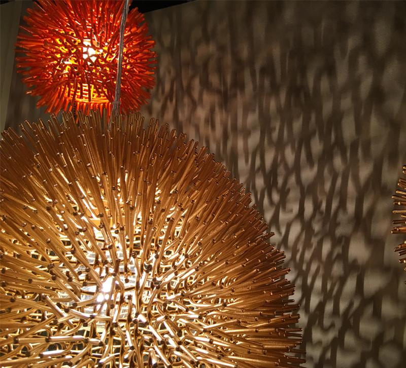 Spiky orb pendants in gold and red from Light Play frosted light bulbs for chandeliers
