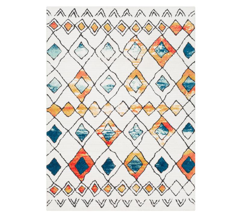 Moroccan Shag Area Rug with a geometric print on a white background with oranges, blues and reds from Surya