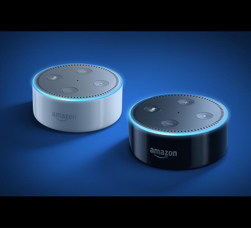 Two Amazon Echo dots on a blue background