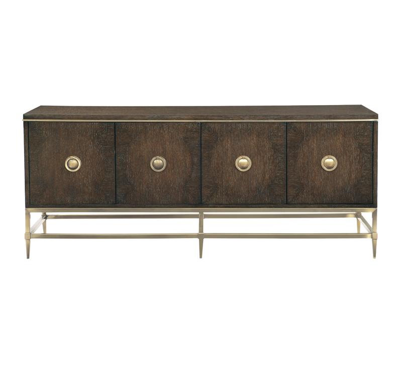 Claredon Entertainment Console finished in dark brown with steel legs finished in gold and gold hardware from Bernhardt