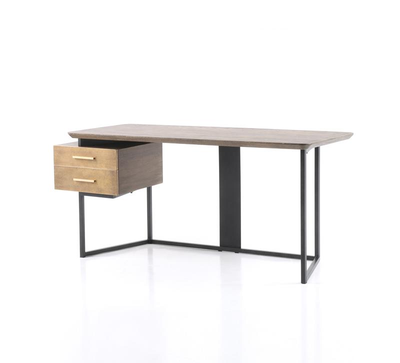 Alden Desk with a slim iron frame, wood top and two drawers from Four Hands