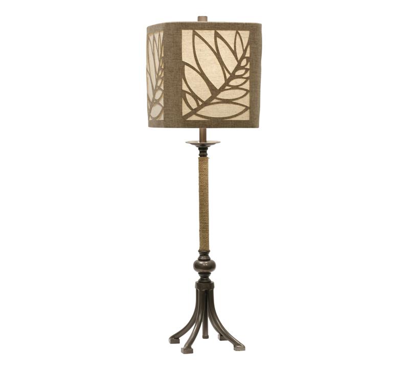Tropic Palm Table Lamp with a palm leaf shade in beige and swine wrapped around the base from Stylecraft