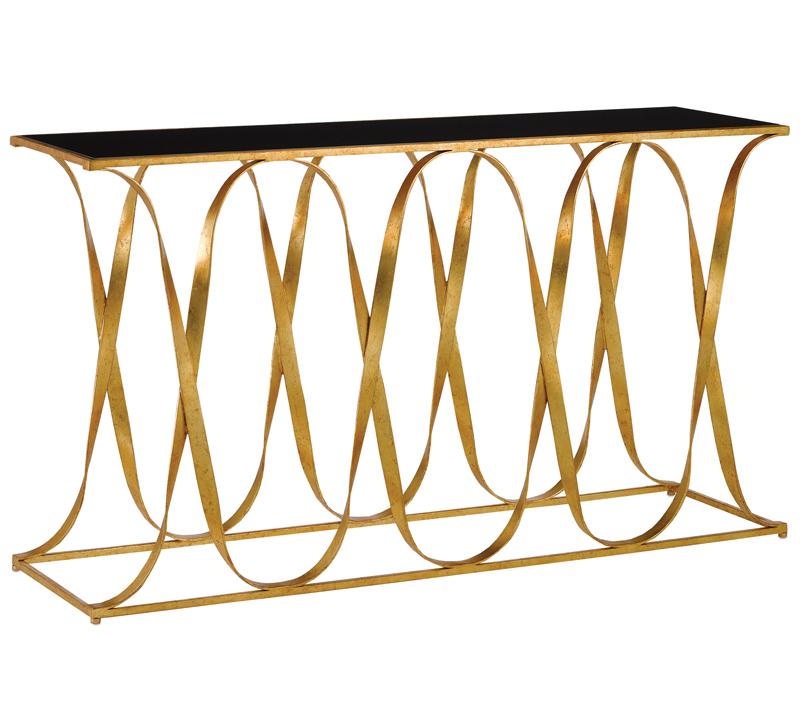Sabine Console with a ribbon-like iron base finished in Gold Leaf with a black top from Currey & Co.