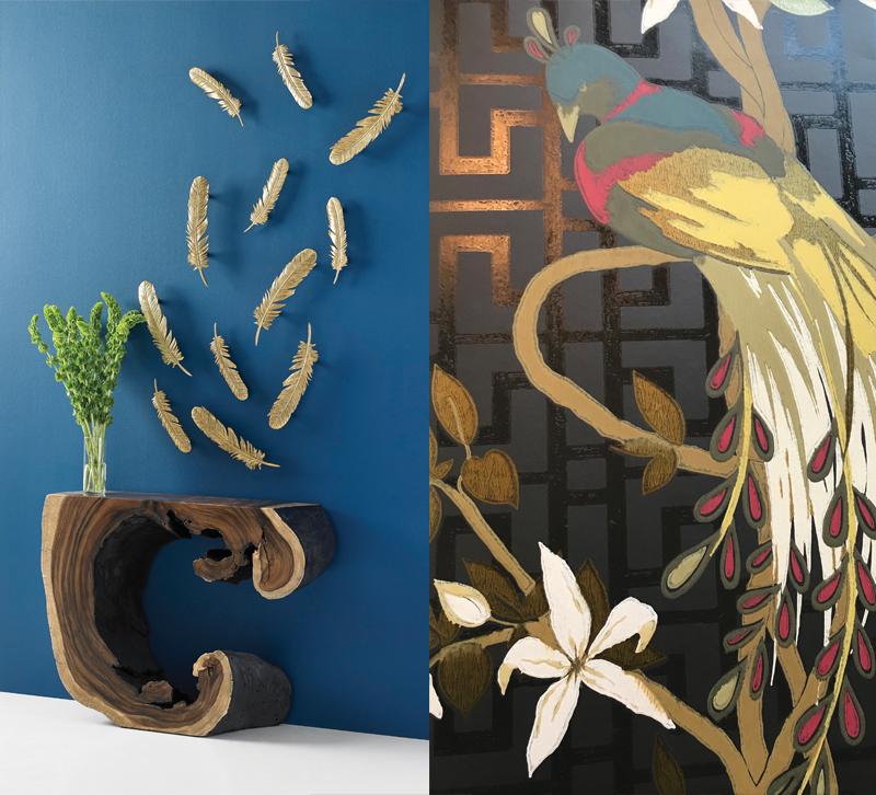 Dann Foley's feather wall art for Phillips Collection and Nina Campbell's Peacock wallpaper
