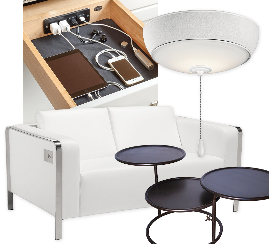 Drawer, lamp, loveseat and tables on white background