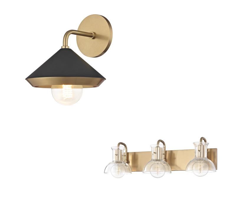 Marnie brass and black wall sconce and the Riely bath bar with a brass backplate from Mitzi by Hudson Valley Lighting