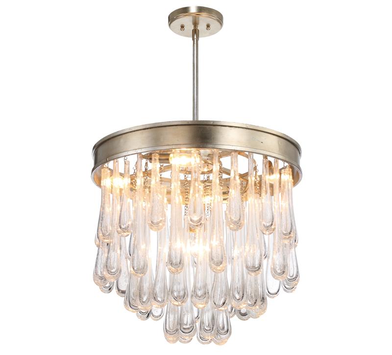 Julien Chandelier with band finished in Distressed Twilight and glass droplets hanging down from Crystorama