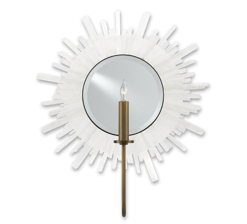 Halo wall sconce with mirrored back plate surrounded by selenite from Currey & Company