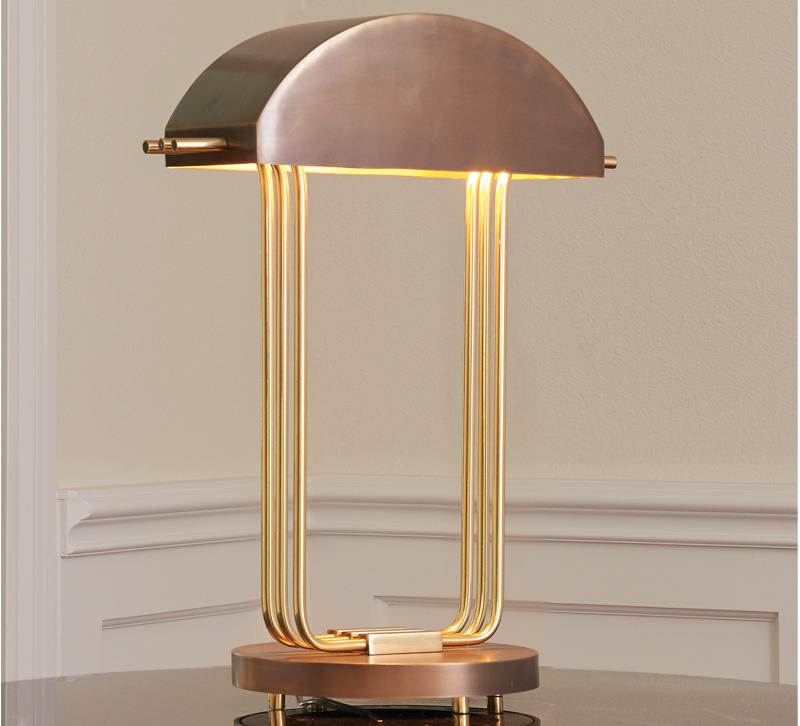 Art Deco table lamp with domed metal shad and brass neck from Global Views