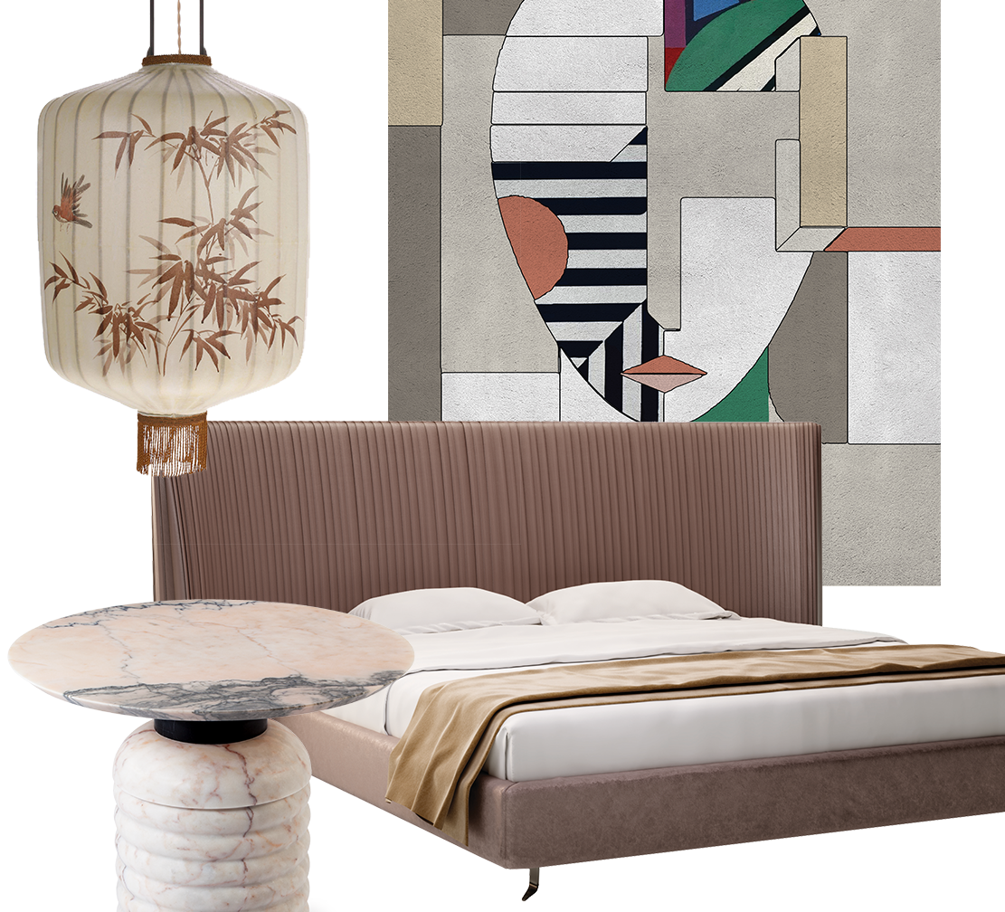 Graphic with Idea Board products including a bed, rug, lantern and coffee table