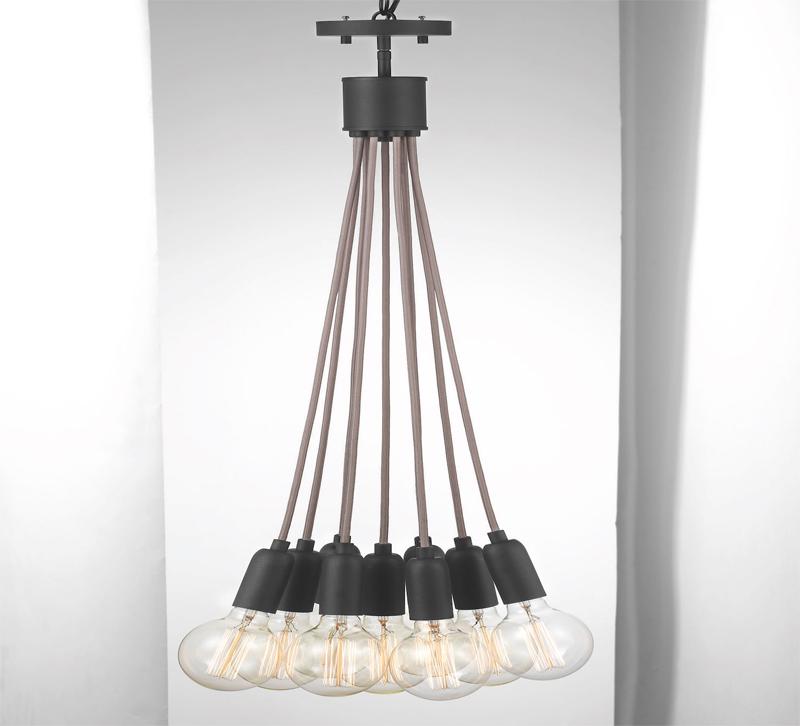 Cirro Pendant with nine hanging lights from a brown cord from Progress Lighting