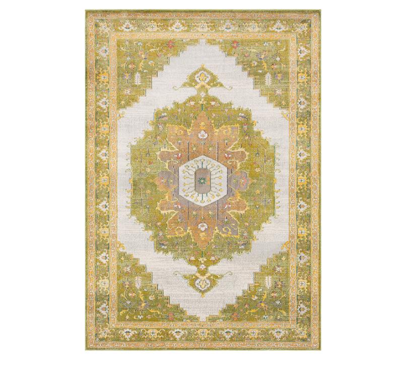 Aura Silk Area Rug with a center medallion and border in light greens and some blues and yellows from Surya 