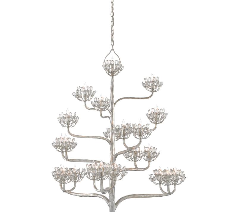 Agave Americana Chandelier in Silver Leaf with faceted crystals on the branches from Currey & Company