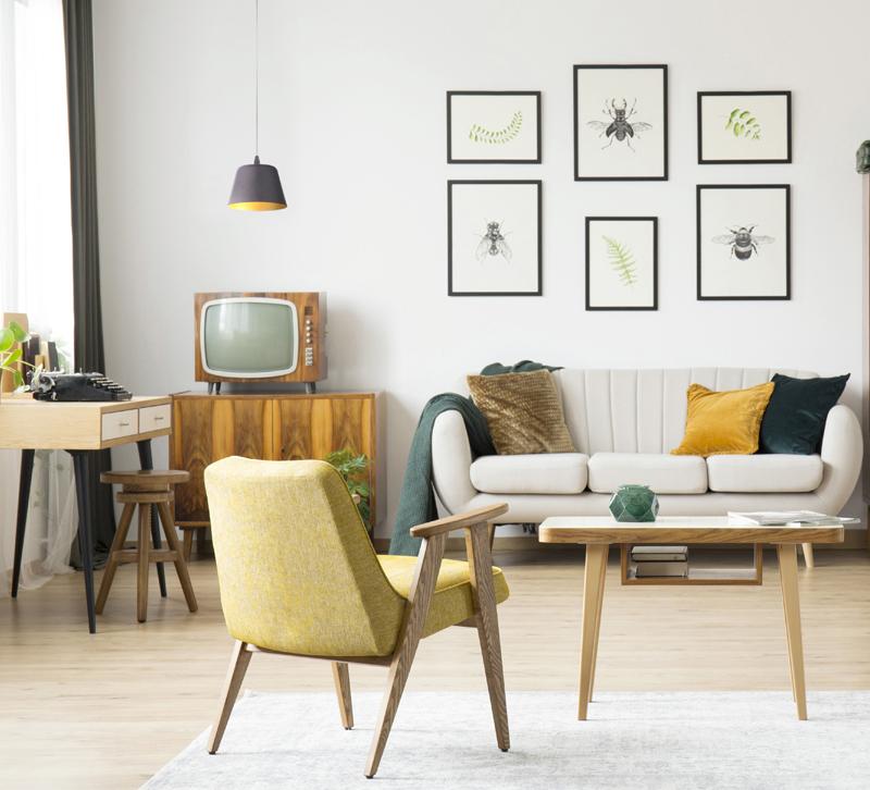 Living room featuring Mid-Century Modern furniture and Eurofase artwork lighting of artwork